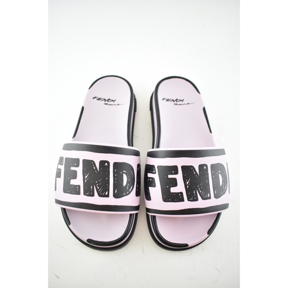 Fendi Joshua Vides Pink Black Leather Logo Mule Slide Flat Flip Flop Sandal 35 - Picture 6 of 12